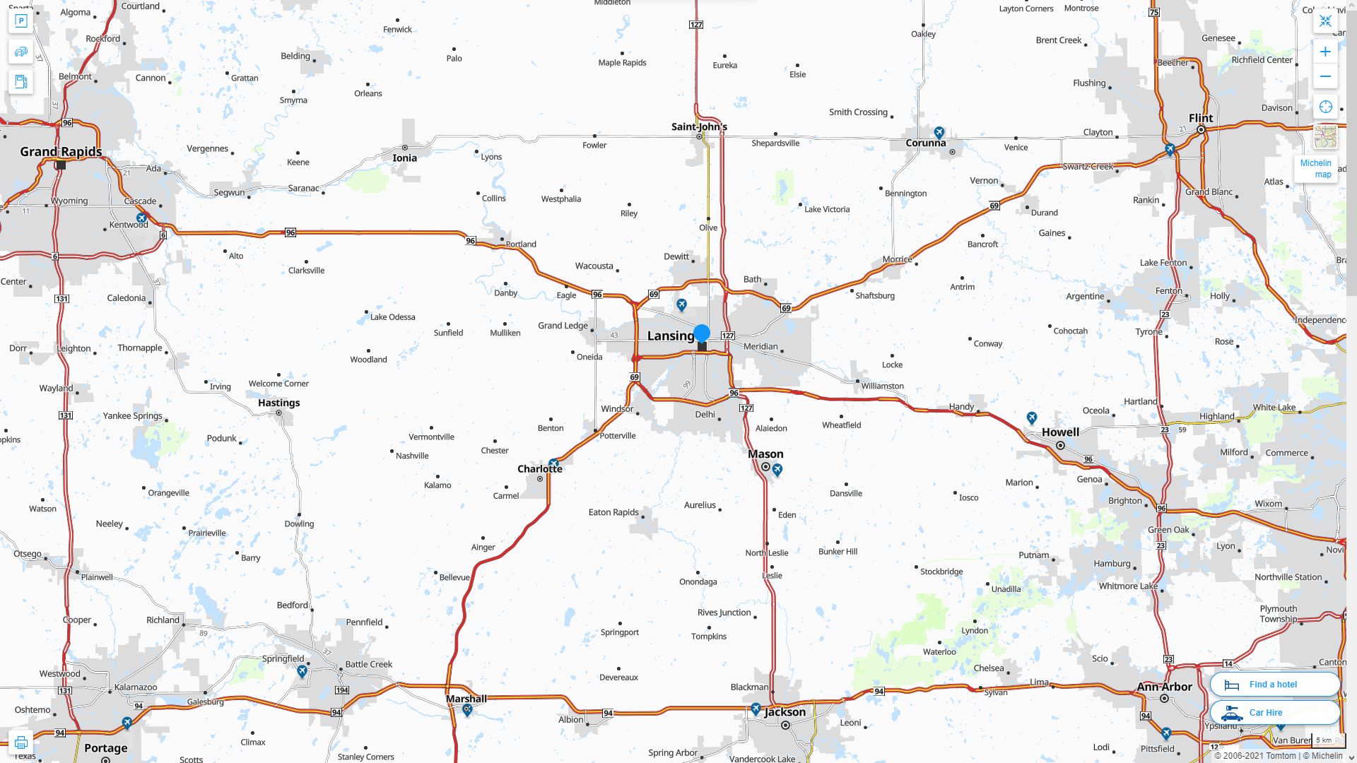 A map of Michigan, with the City of Lansing outlined in red, showing some of its surrounding areas as well.