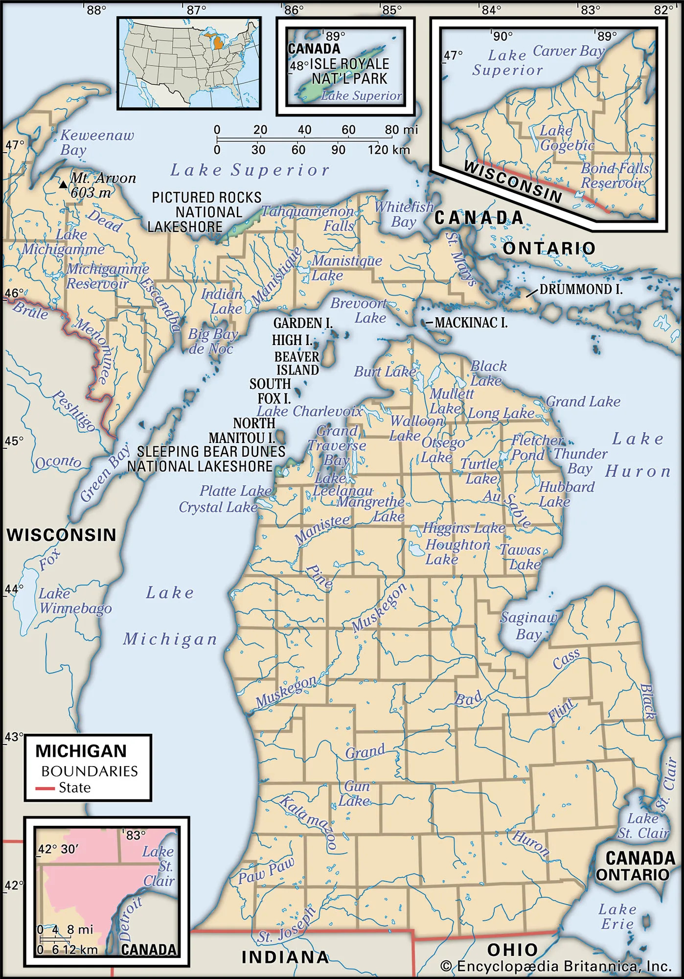 A map of Michigan, showing inland rivers as well as areas of interest, such as Mackinac Island, Mt. Arvon, and the Pictured Rocks Lakeside.